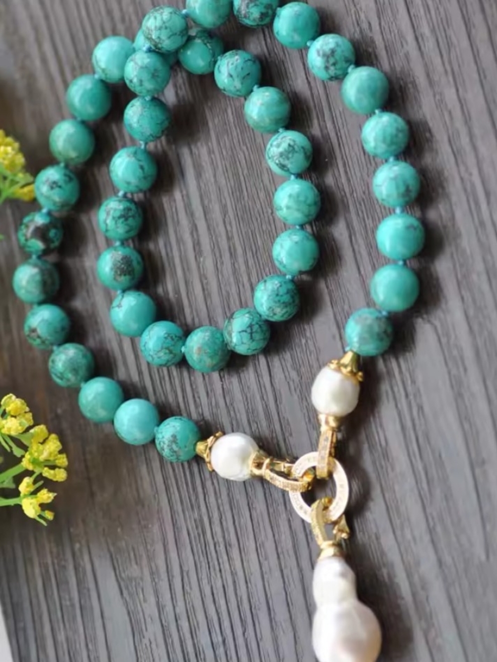Turquoise Beaded Necklace with Baroque Pearl Pendant. 16" - Picture 3 of 4